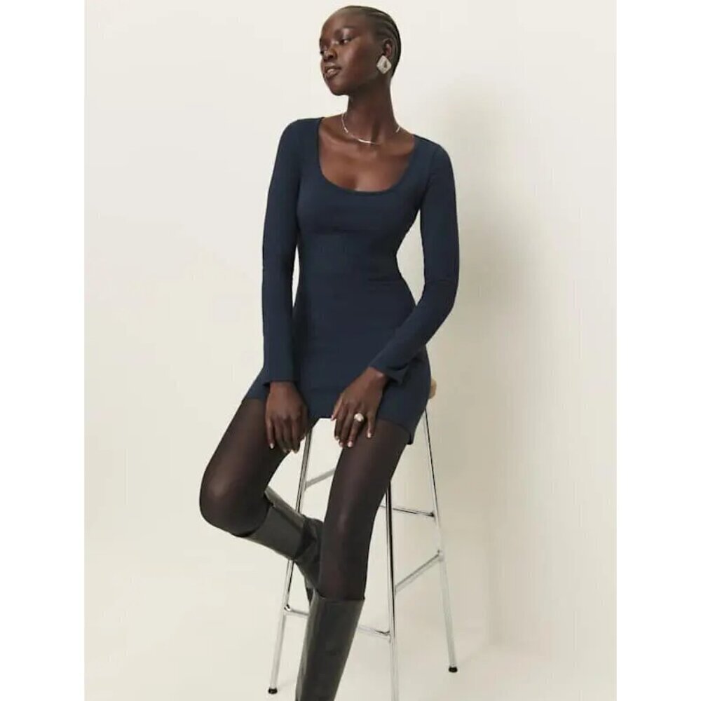 REFORMATION Alfie Flared Stretch-Cotton Mini Dress in Midnight Size Medium NWT